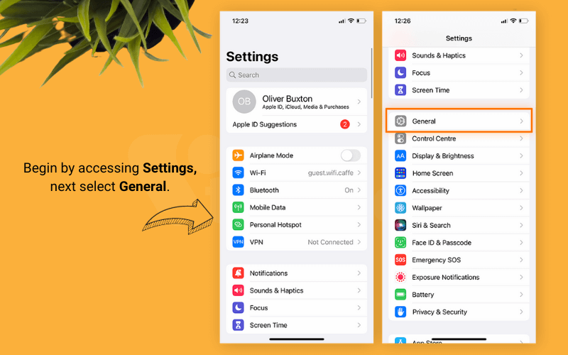 Navigating to General Settings in iOS.